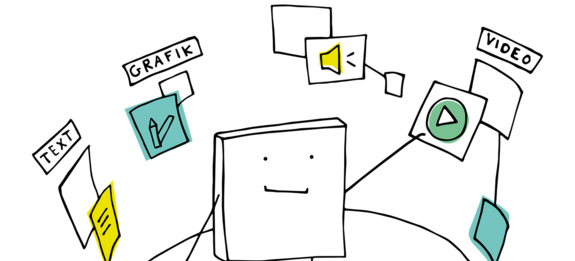 Strichmännchen mit verschiedenen Icons um sich herum, für Grafik, Video und Text. Das Bild ist verlinkt zum Berich Digitale Lehre
