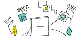 Strichmännchen mit verschiedenen Icons um sich herum, für Grafik, Video und Text. Das Bild ist verlinkt zum Berich Digitale Lehre 