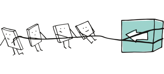 Vier Strichmännchen die zusammen ein Rechteck in eine Richtung ziehen. Bild ist verlinkt zum Bereich Leitbild Lehre.